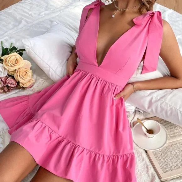 Pink Tie Shoulder Ruffle Hem Dress - PLUS size available also - Picture 2 of 11